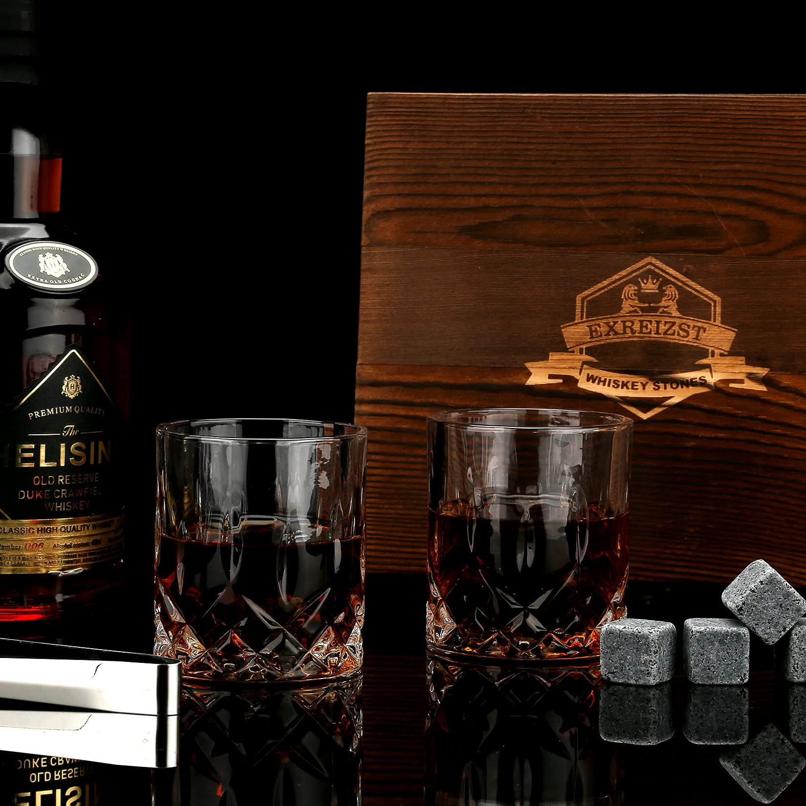 Whisky Stones, Whisky Glass Gift Set, Whisky Rocks Chilling Stones en Caja de Madera Hecha a Mano - Cool Without Dilution - Juego de Vasos de Whisky de 2, Regalo para papá, Esposo, Hombres
