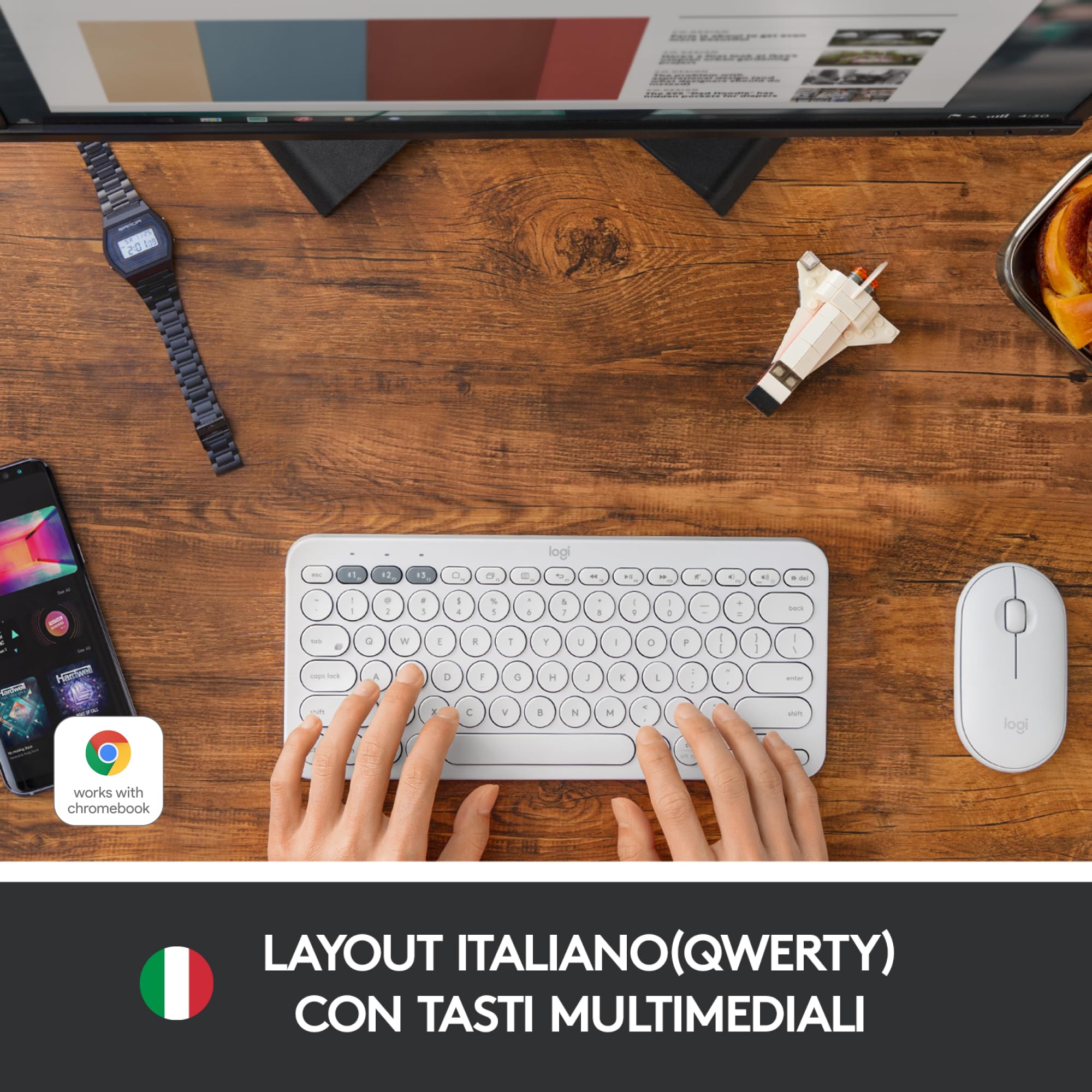 Logitech K380 Tastiera Bluetooth Multidispositivo per Windows | Apple iOS, ‎Bluetooth Wireless, Design Compatto, PC/Mac/Laptop/Smartphone/Tablet, Layout Italiano ‎QWERTY, Bianco