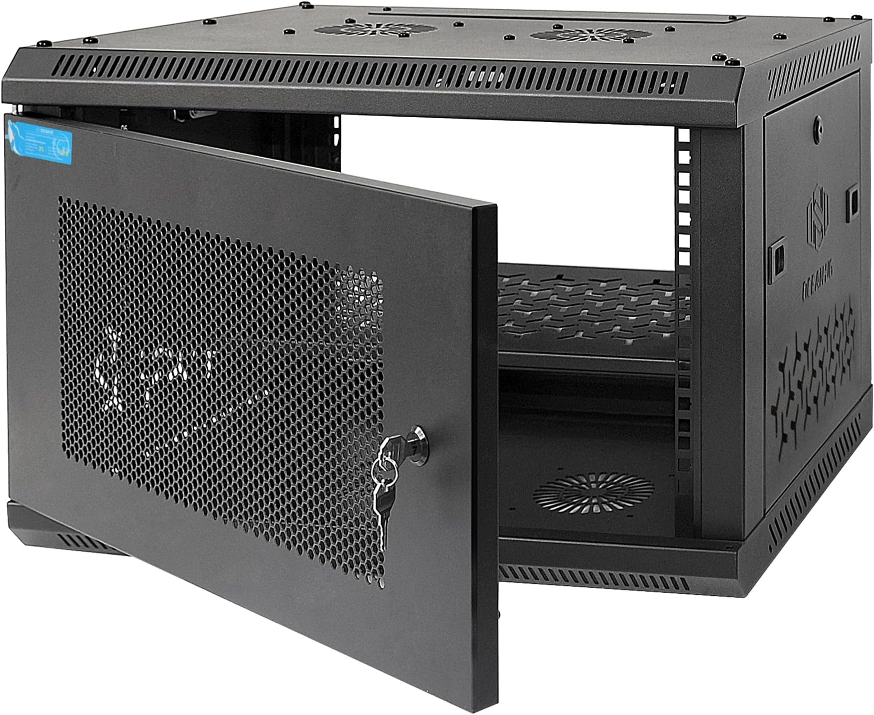 6U Wall Mount Server Cabinet with A Lockable Front Vented Door, Cooling Fans, Removable Side Panels - 60cm Depth, 19" Network Rack Including Full-Size Rack Shelf for IT Equipment