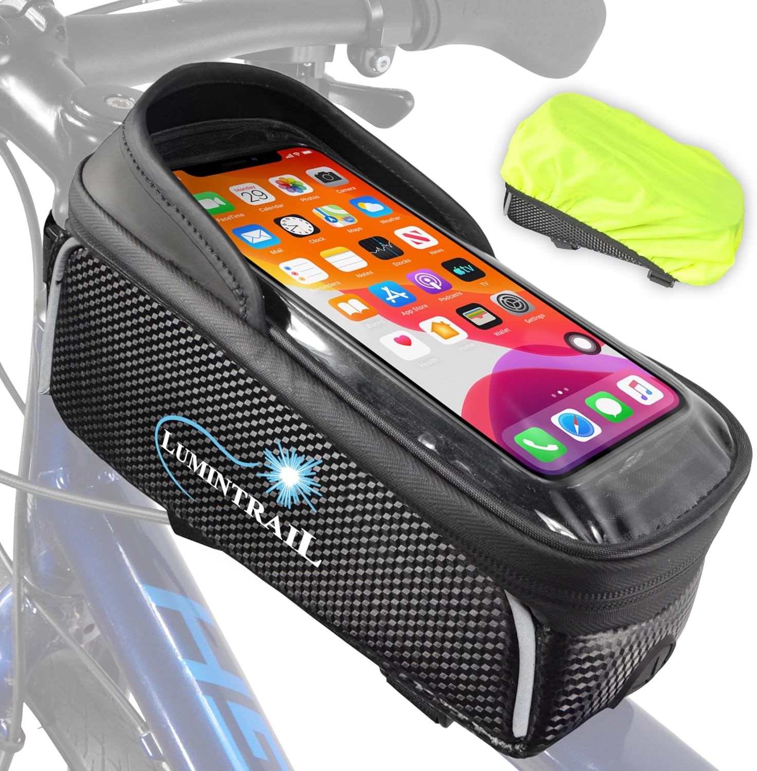 Lumintrail Bike Phone Holder Bag - Bicycle Phone Mount - Fits Large Cell Phones - Reflective Strip - Waterproof Rain Cover - Bike Accessories for Adult Bikes