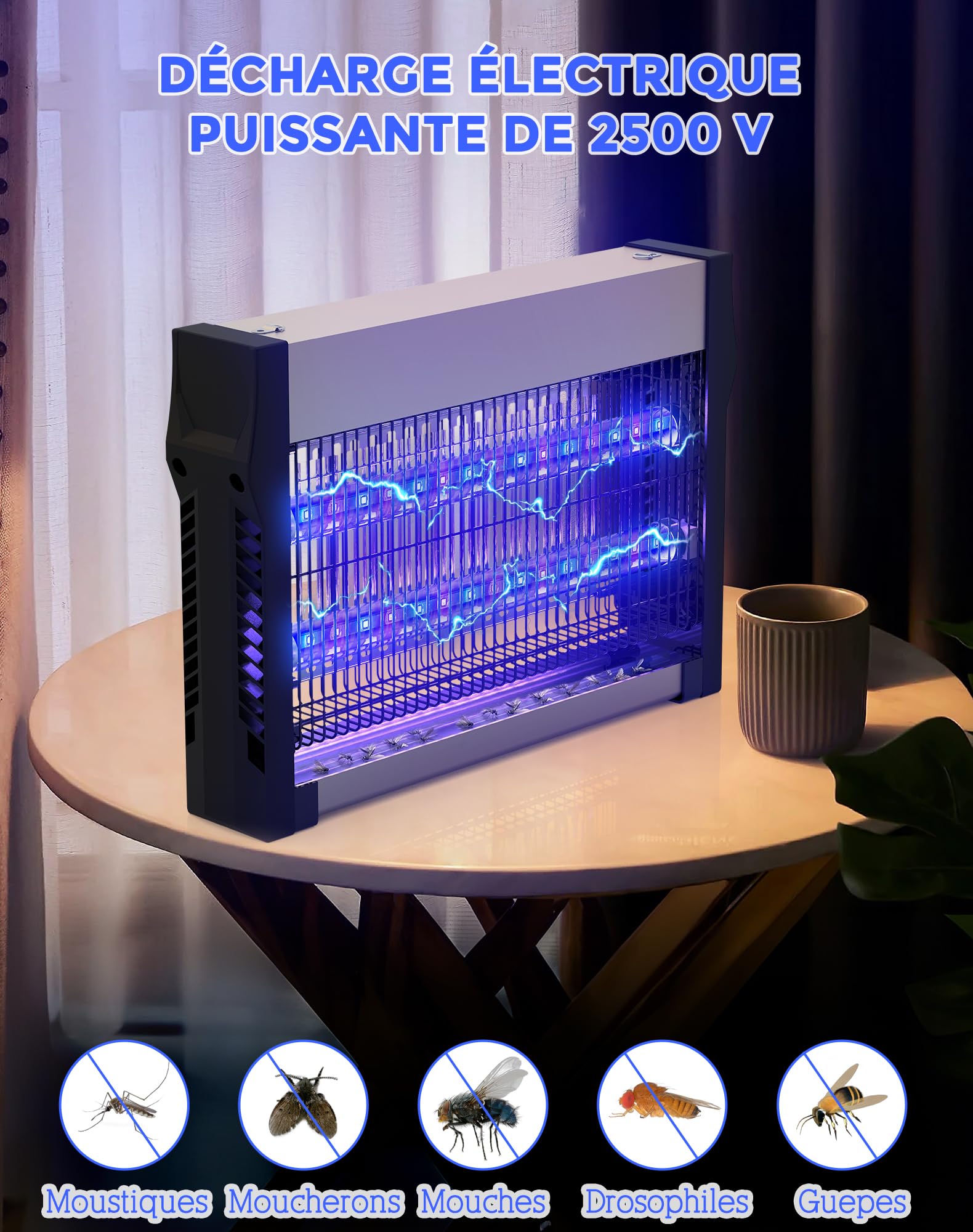 Lampe Anti Moustique 2500 V, Tue Mouche Électrique avec Tubes LED, Double Attraction UV, 80 m²