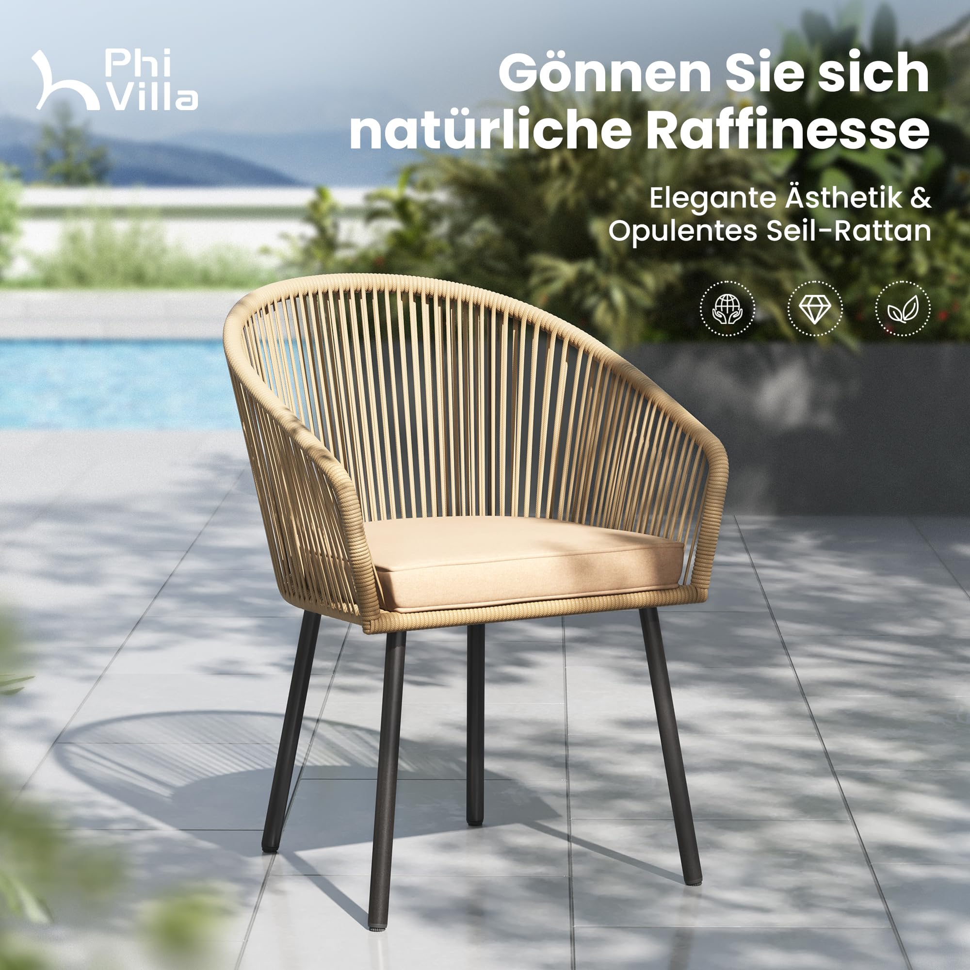 PHI VILLA Gartenstühle 4er Set, Rattansessel Gartensessel Balkonstuhl Outdoor Sessel Loungesessel, Wetterfest Terrassenstühle mit Kissen & E-Beschichtung Metall für Hinterhof Balkon Terrasse, Beige