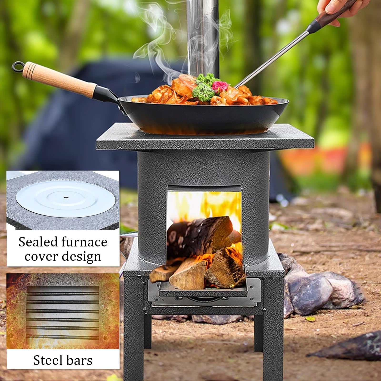 Stufa a Legna for Uso Domestico, Termocucina a Legna da Campeggio con Tubo di Fumo da 1m for Picnic, Pesca, Cucina