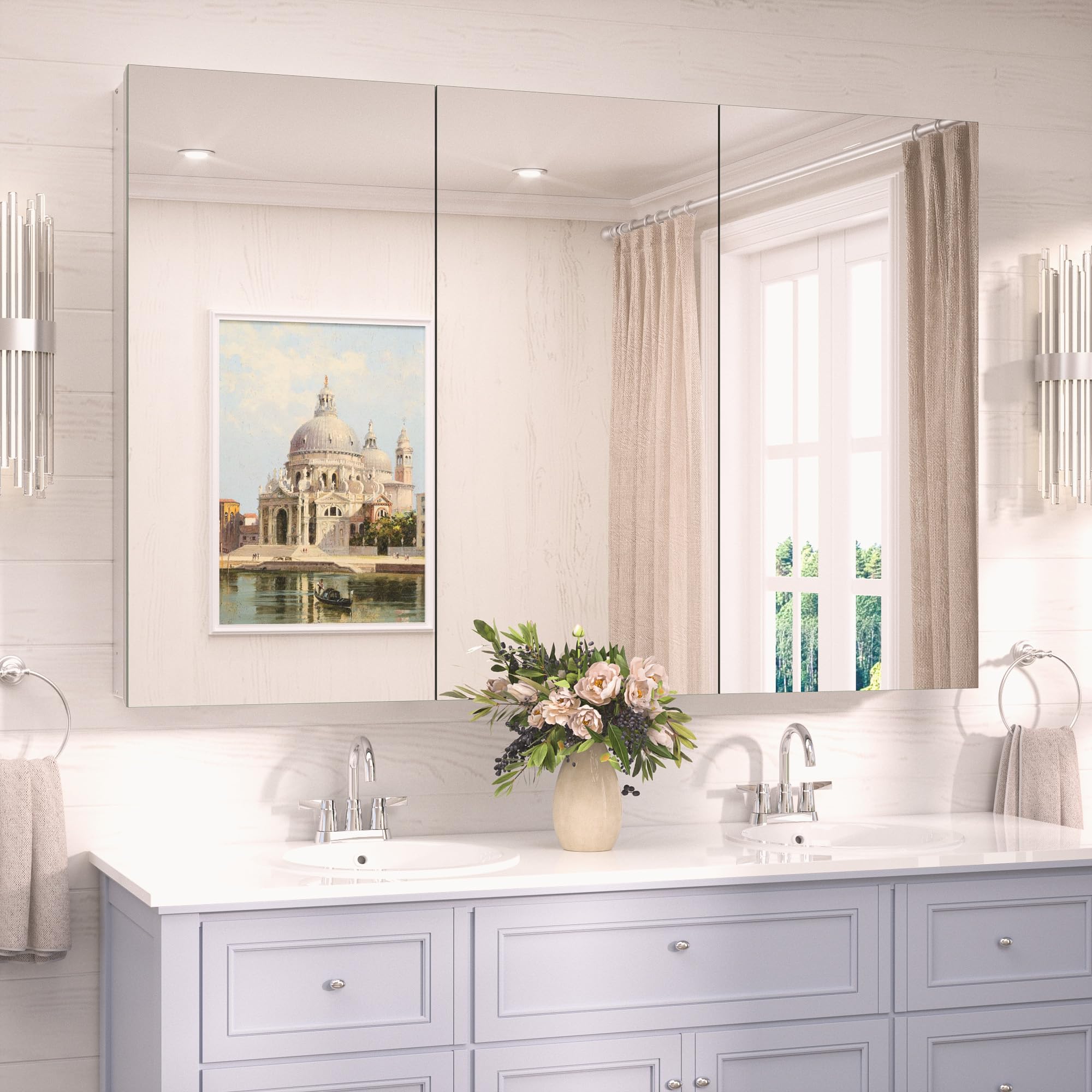 TokeShimi 48x32 Mirror with Stepless Adjustable Storage, Aluminum Tempered Bathroom Mirror Medicine Cabinet Silver, Frameless Farmhouse Medicine Cabinet for Recessed or Surface Mount Modern