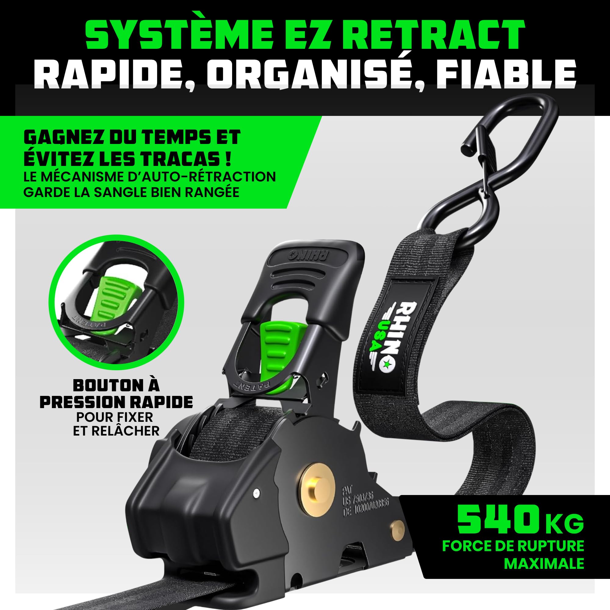 Rhino USA Sangles à Cliquet Rétractables (Lot de 2) - 2.5cm x 3m (540kg Résistance à la Rupture) - Sangles d’Arrimage Automatiques et Robustes pour Camion, Remorque, Moto, Vélo & Plus - Noir