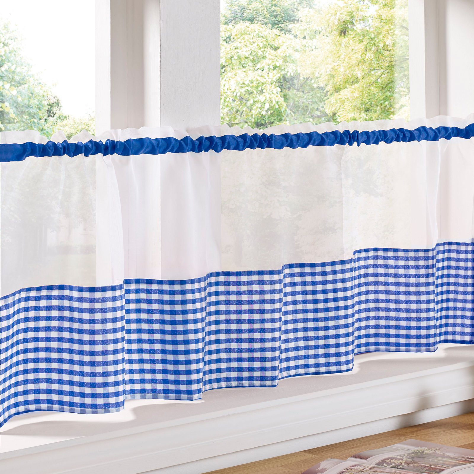 Just Contempo Gingham Café Blue Traditional Café Curtain Panel With Gingham Checked Design, Blue, 59X18 Inches