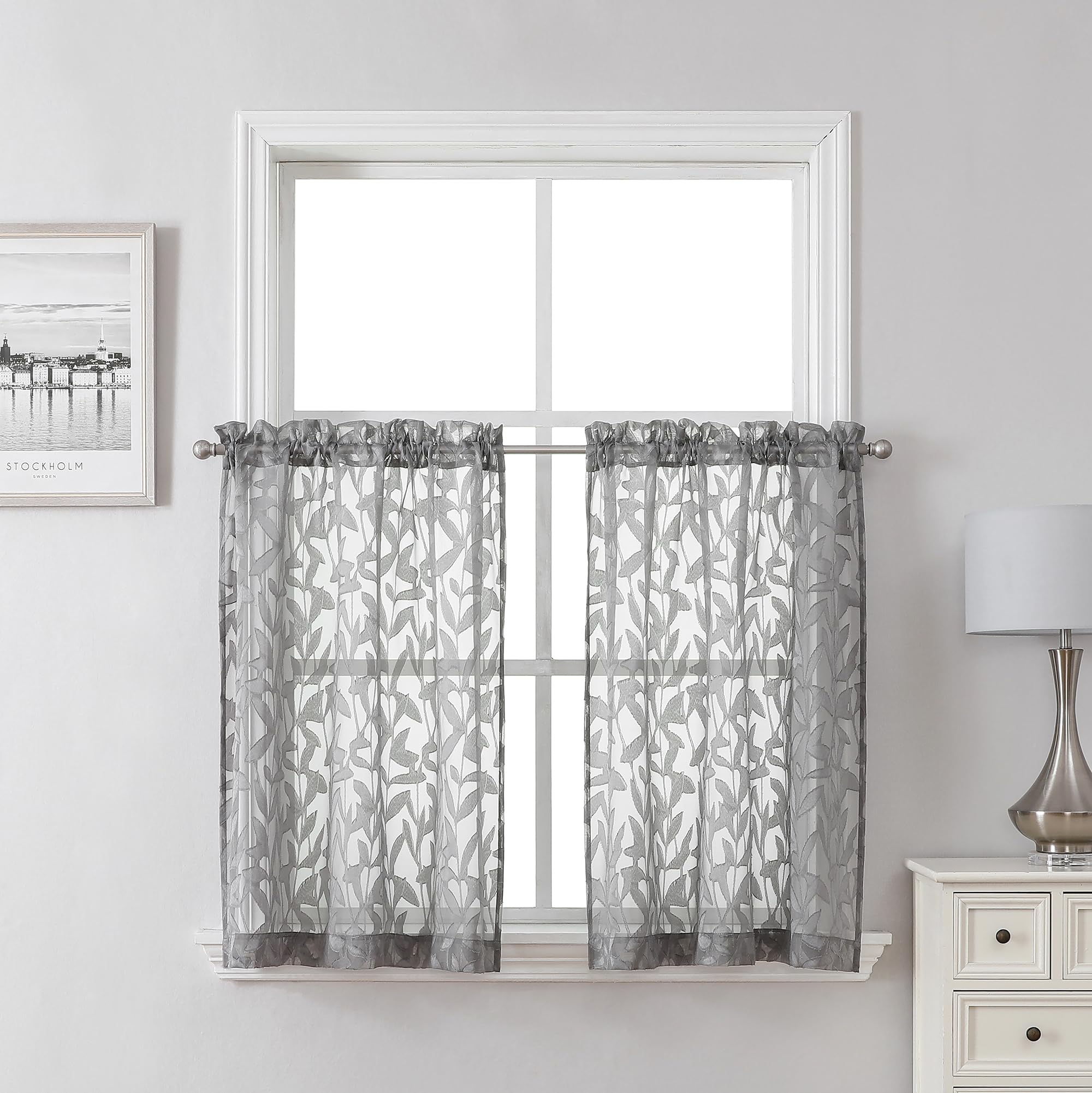 Lecloud Leia 36 Inch Charcoal Grey Sheer Curtains Tiers 2 Panels, Clip Textured Cafe/Bedroom/Living Room/Kitchen Gray Curtain for Small Window, Jacquard Leaf Drapes with Dual Rod Pockets, 38x36 Inches