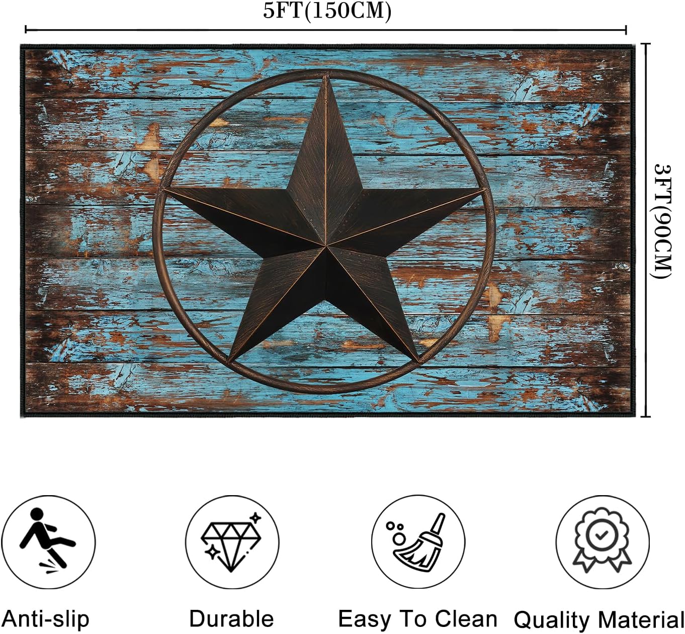 Western Area Rug 3x5,Rustic Barn Texas Star on Old Wooden Plank,Ultra-Thin Washable Throw Carpet Teal Rugs for Bedroom Indoor Vintage Rugs Non Slip Accent Floor Carpets for Entryway,Living Room,Office