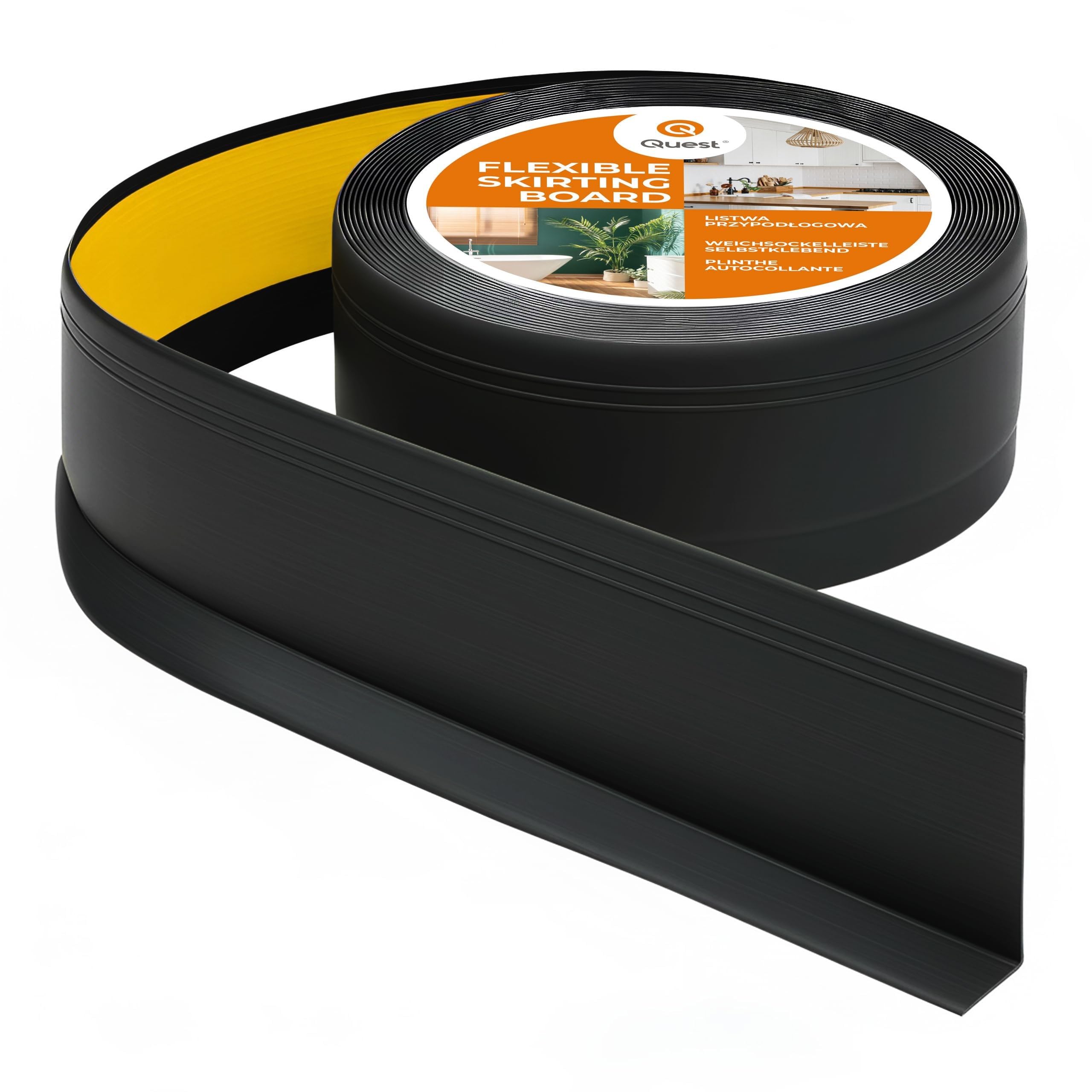 Quest Listwa cokołowa PVC 70x20 mm samoprzylepna DEKOR – czarny, 15 m | Elastyczna miękka listwa podłogowa z frezem ozdobnym, odporna na wilgoć i UV, profil przejściowy, montaż bez wiercenia