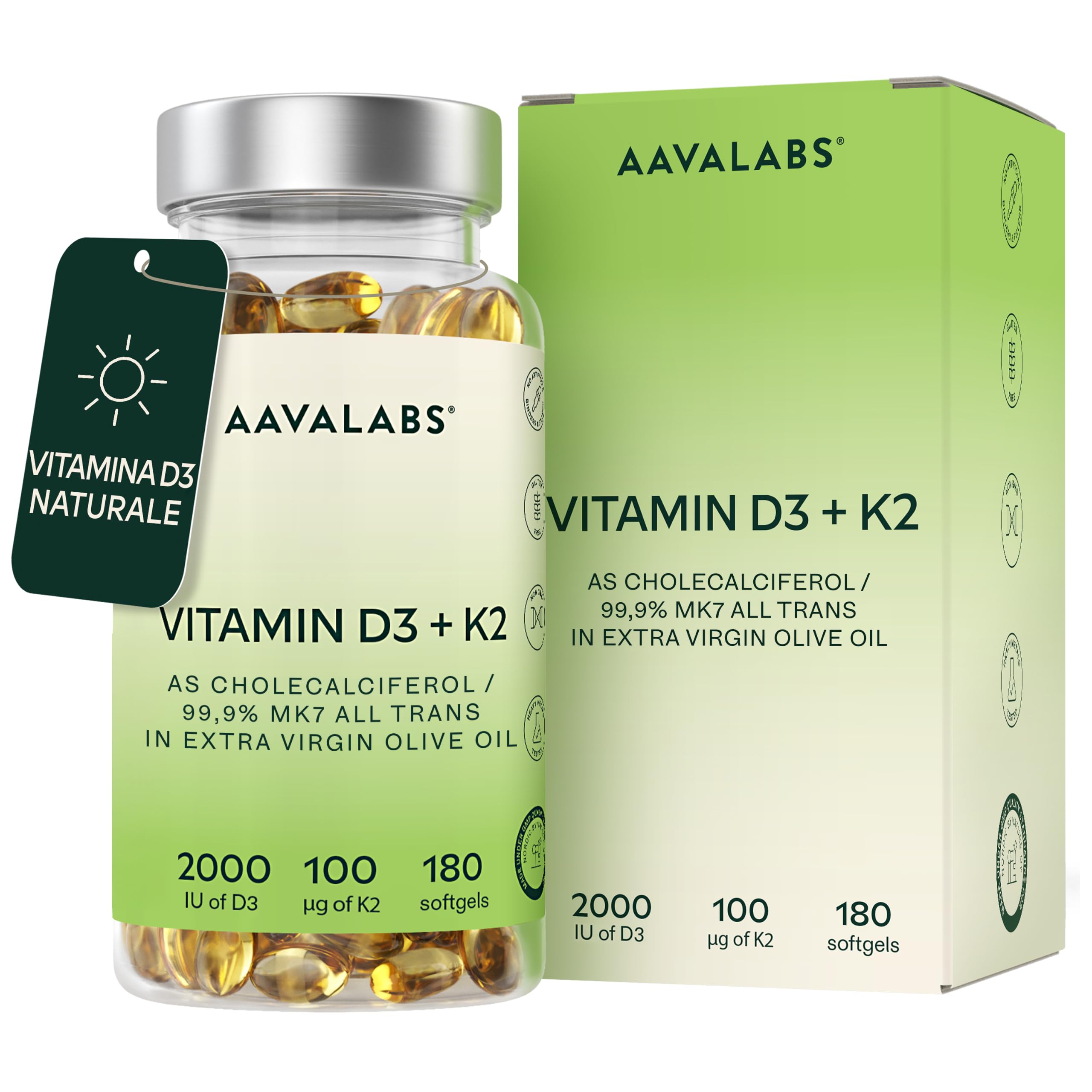 D3 2000 UI + K2 MK-7 100 µg in olio extravergine d'oliva, 180 capsule