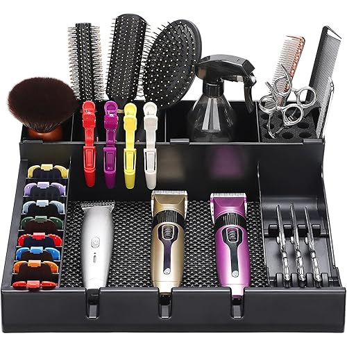 Large Barber Station Organizer for Corded Clippers & Guards, Barber Clipper Tray Anti-slip Hair Trimmer Holder, Multifunctional Detachable Hairdressing Tool Holder, Salon Haircut Supplies Storage Case