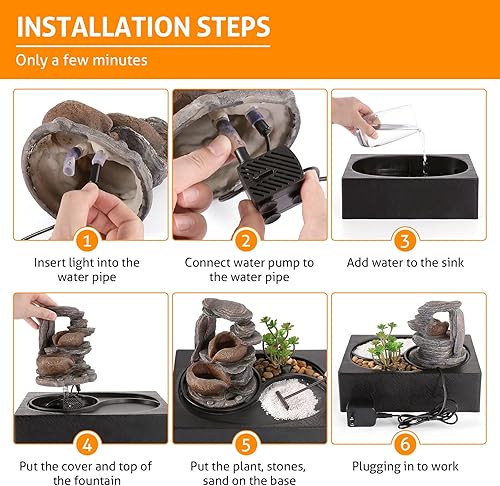 Miniatura 3 de WICHEMI Fuente de agua para interiores, fuente de agua, fuente de mesa, fuente de relajación de jardín zen con luz LED cálida para oficina, hogar y