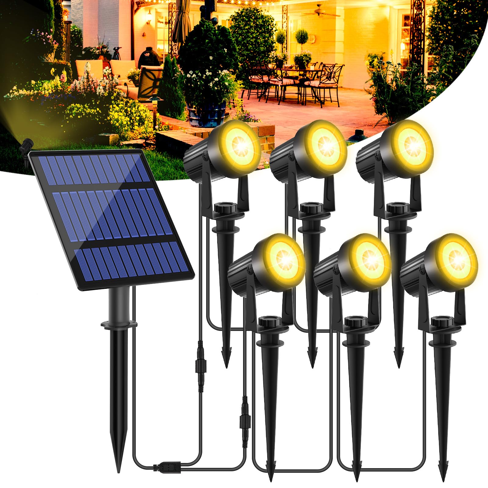 T-SUNUS 6-Pack Solar Garden Spotlight, IP65 Waterproof, 2 Brightness Modes, Auto On/Off, Warm White, Outdoor, Yellow — image 1