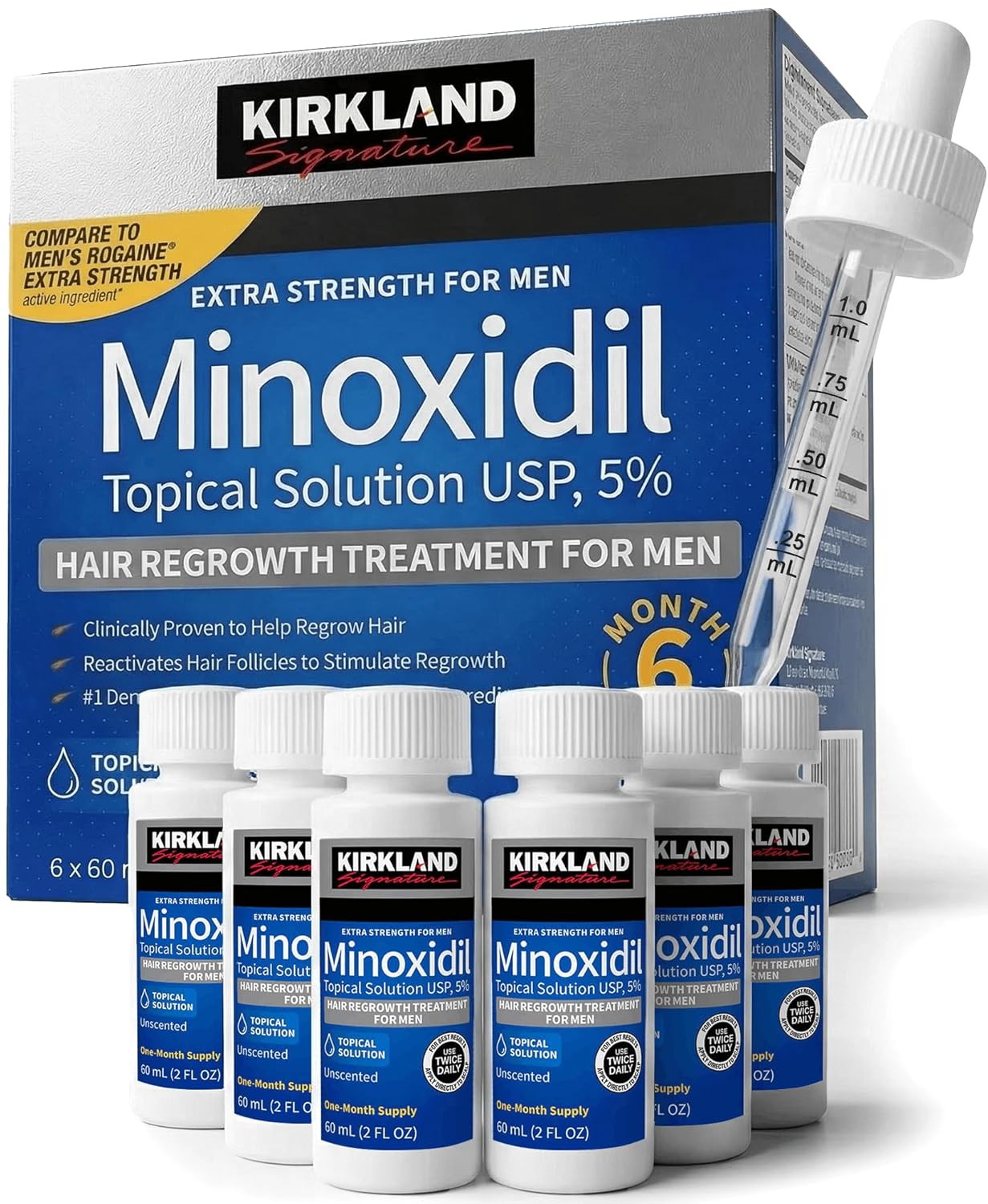 Kirkland Signature Hair Regrowth Treatment Extra Strength for Men, 5% Minoxidil Topical Solution, 2 fl oz, 6-pack