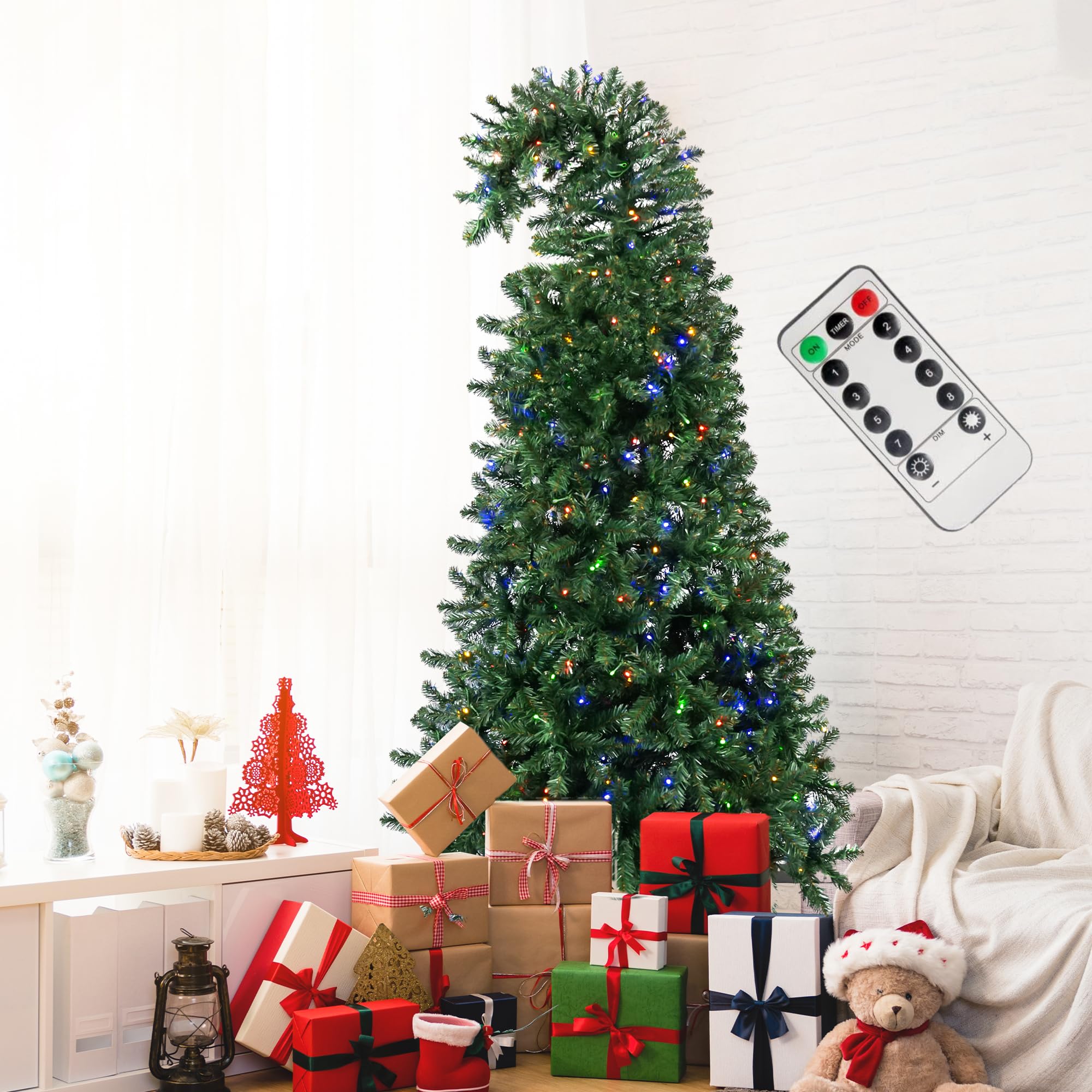 Prelit Christmas Tree 7ft with 1050 Lush Branch Tips and 400 Dual Color LED Lights - 8 Function Remote Control - Bendable Tree with Metal Stand