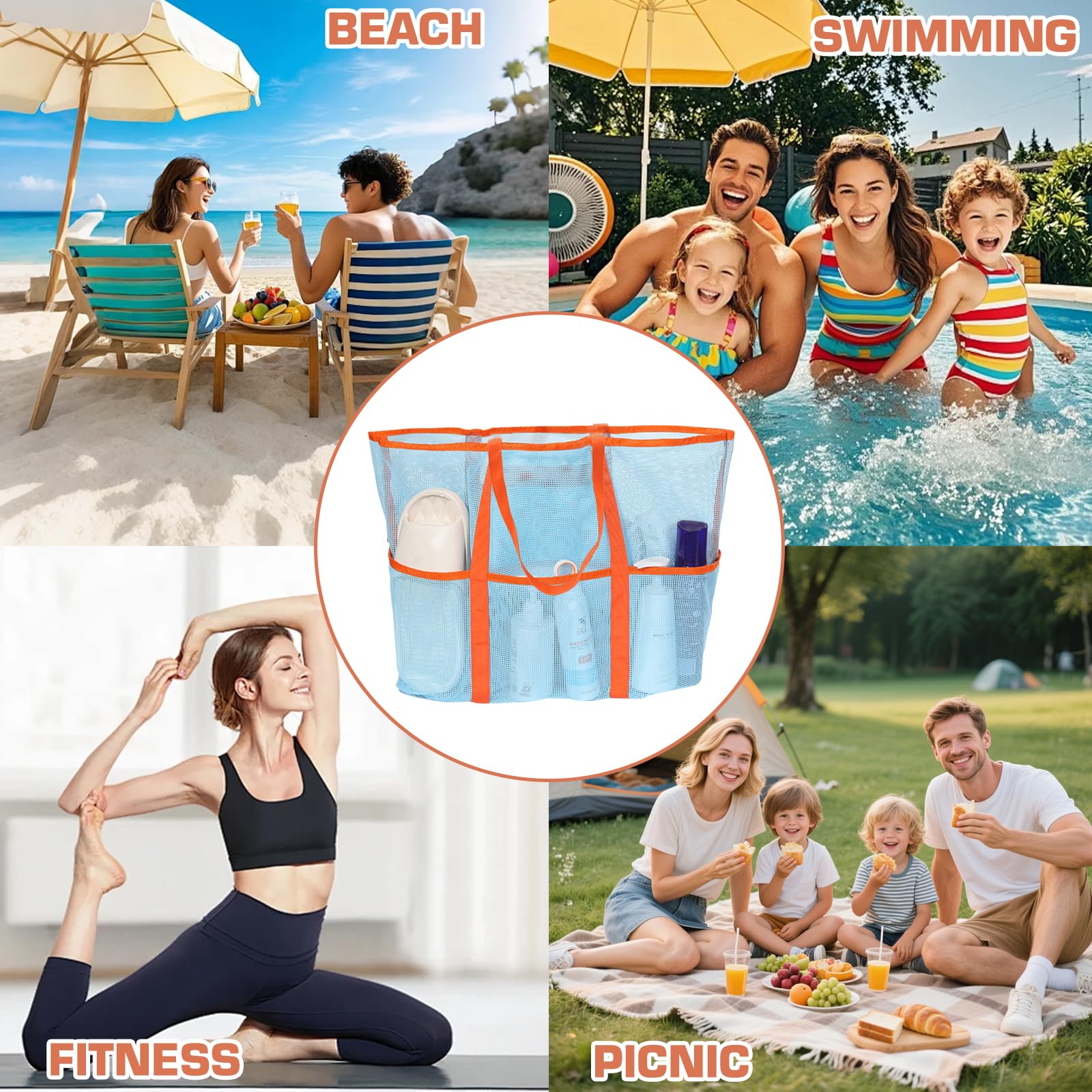 Duża siatkowa torba plażowa, składana siatkowa torba na ramię, torby plażowe dla kobiet, z kieszeniami, kontrastowe kolory, torby wakacyjne, niezbędne akcesoria plażowe na basen, pływanie