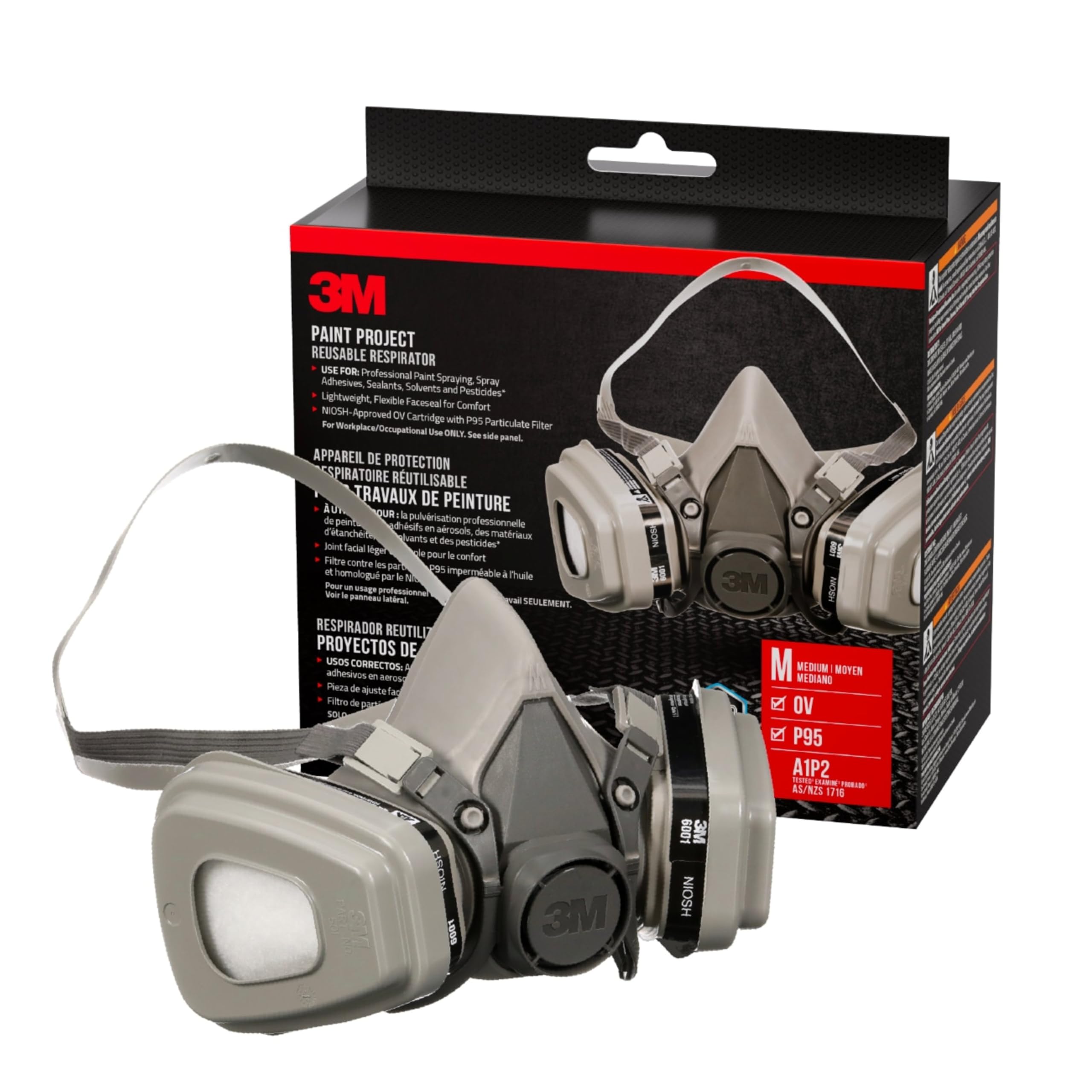 P95/OV Paint Project Reusable Respirator 6211, Medium Size, NIOSH-Approved Organic Vapor Cartridge & P95 Rated Filters, Lightweight, Flexible, Thermoplastic Faceseal for Comfort (6211P1-DC)