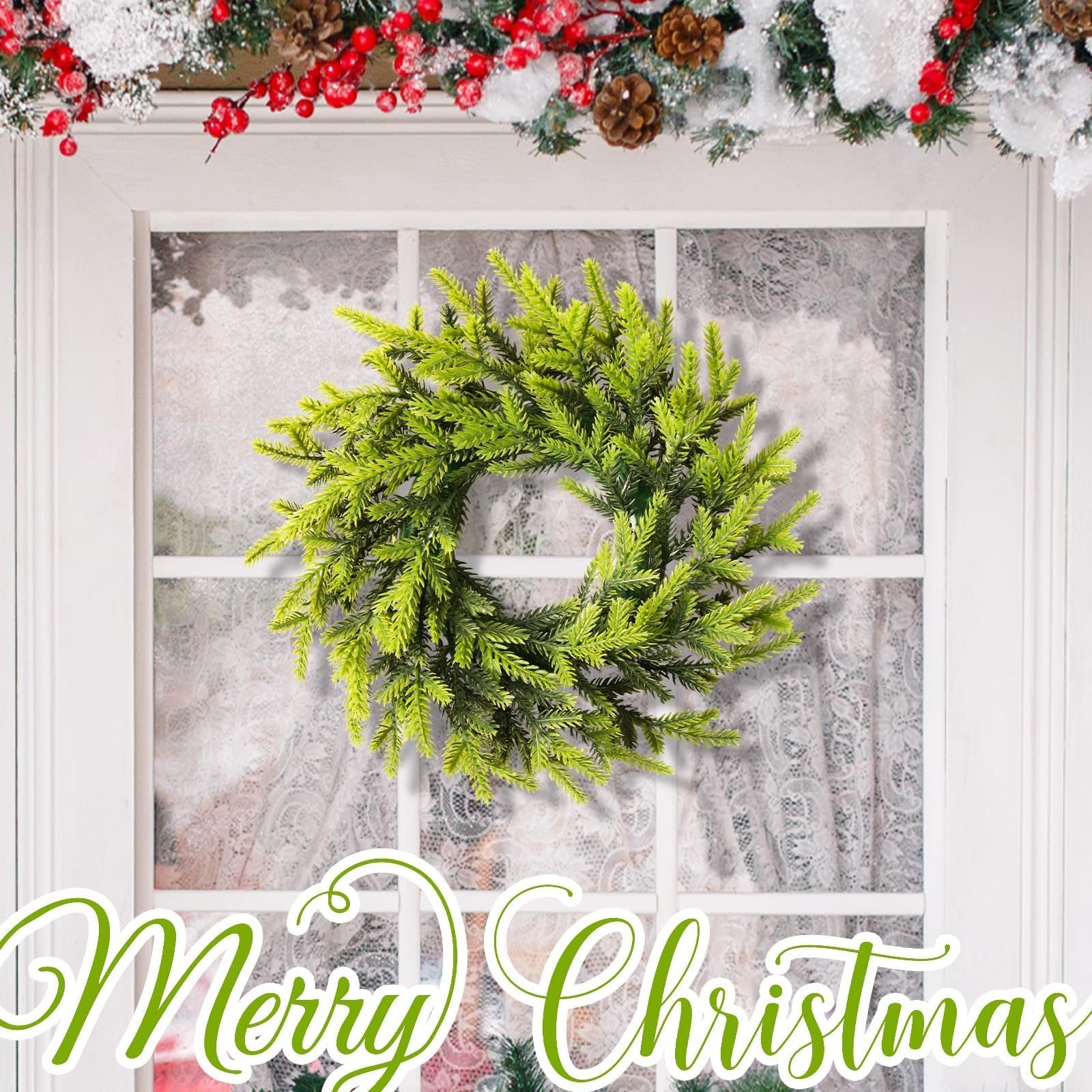 2 coronas artificiales verdes de Navidad de 10 pulgadas, coronas artificiales de imitación para puerta delantera, decoración de pared para interiores y exteriores (aguja de pino)