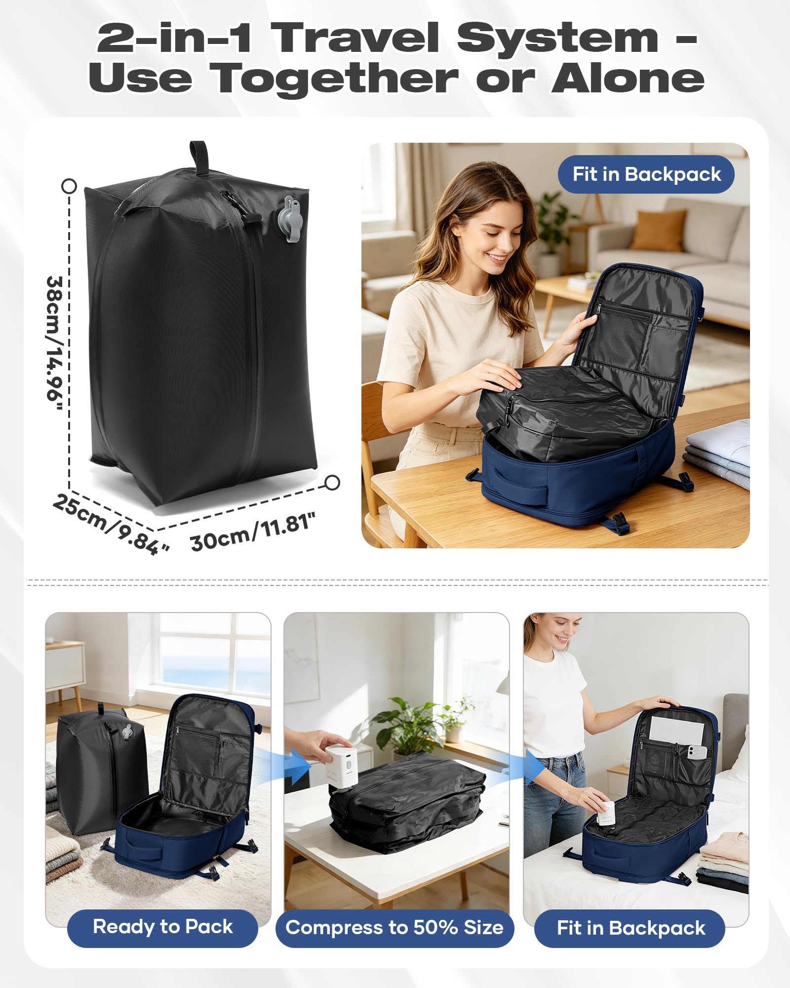 HPLQQ Plecak podręczny z zamknięciem próżniowym 40x30x20 cm dla Ryanair – wodoodporny bagaż pod siedzeniem, torba podróżna do samolotu, weekendowa, turystyczny, na co dzień, X-niebieski królewski