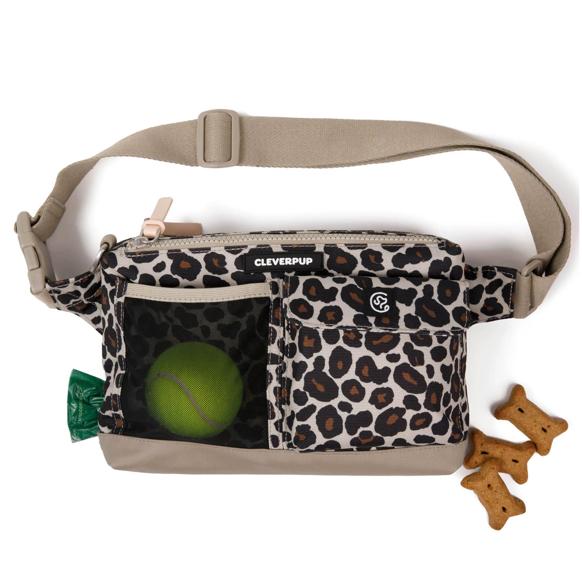 Cleverpup, Dog Walk & Train Sling Bag - Hands-Free 2-in-1 Treat Pouch, Poop Bag Holder, Clicker, Phone Pocket - Crossbody/Fanny Pack, Adjustable Strap - Leopard