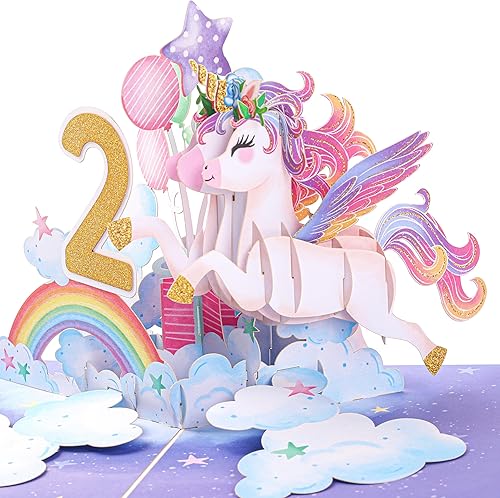 Liif Tarjeta de feliz cumpleaños de 2 cumpleaños de unicornio, tarjeta de cumpleaños desplegable para niños de 2 años para niños, niñas, niños
