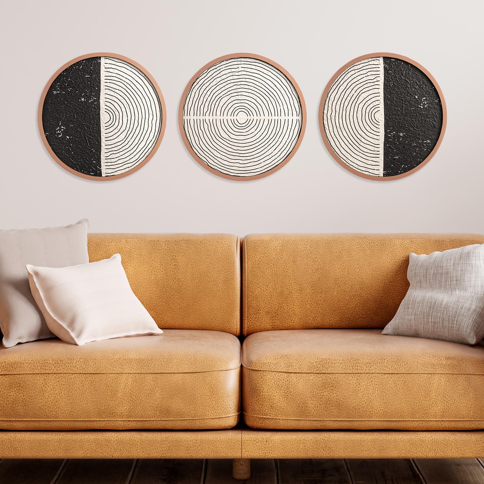 pechpell 3 Piece Black and White Wall Decor, Wooden Round 3D Textured Boho Minimalist Wall Art Framed, Circle Geometric Modern Living Room Bedroom