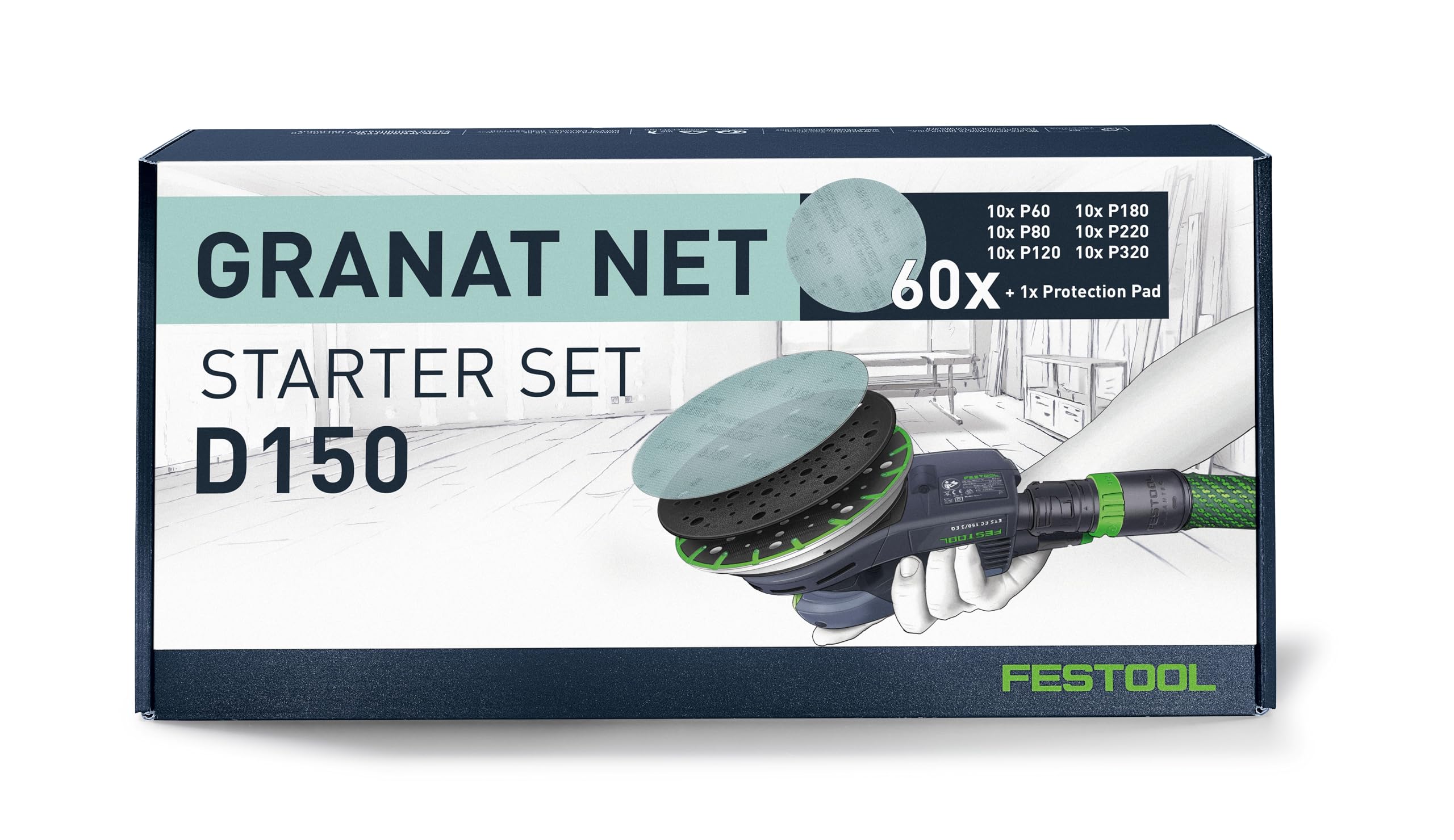 Festool Granat Net D150 GR Netzschleifmittel Set für Exzenterschleifer | Effizientes Schleifgitter-Sortiment mit Protection Pad für 150mm Schleifteller, hohe Absaugung & Materialabtrag