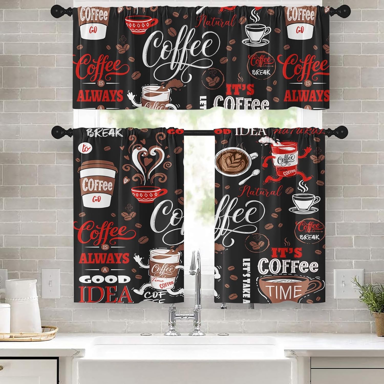 Coffee Kitchen Window Curtains Valance and Tier Set 36 Inch, Black Red Cute Rod Pocket Short Tier Curtain, Retro Brown White Doodle Small Cafe Drapes for Kitchen Decor