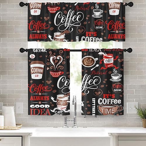 Cortinas de Ventana de Cocina con Temática de Café, Juego de Cenefa y Niveles, Negro Rojo Lindo Bolsillo para Varilla Cortina de Nivel Corta, Retro