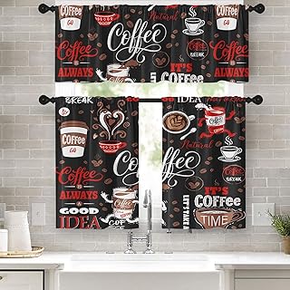 Coffee Kitchen Window Curtains Valance and Tier Set 36 Inch, Black Red C...