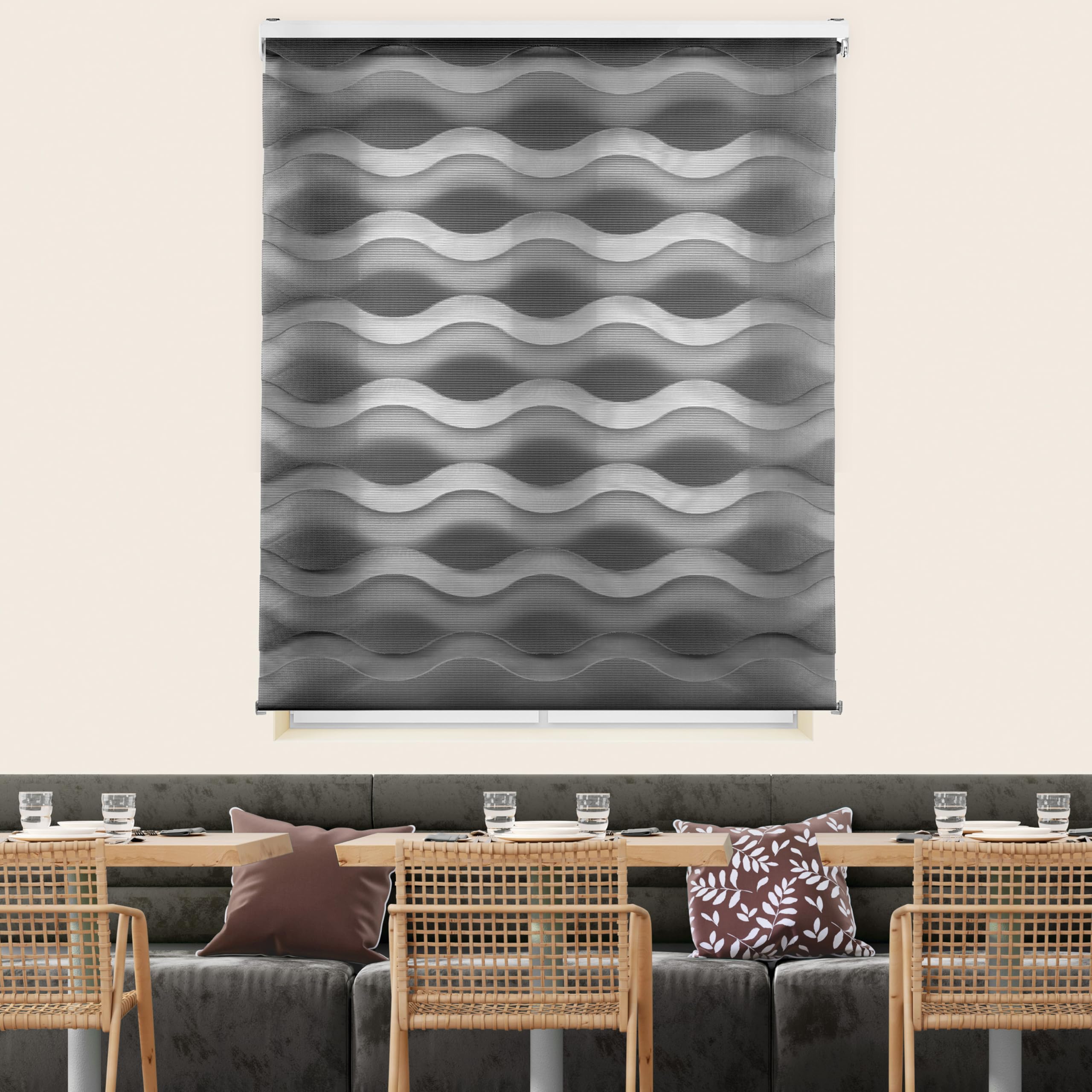 Blindecor Lira Ondas Nacht- und Tagesrollo Anthrazit, 120 x 180 cm (B x H), Stoffmaß 117 x 175 cm, Elegante Abend- und Tageswellen