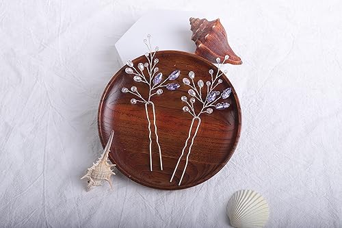 Miniatura 5 de YERTTER Juego de 2 horquillas de amatista para el cabello de boda plateadas, clips de diamantes de imitación morados, accesorios de novia para