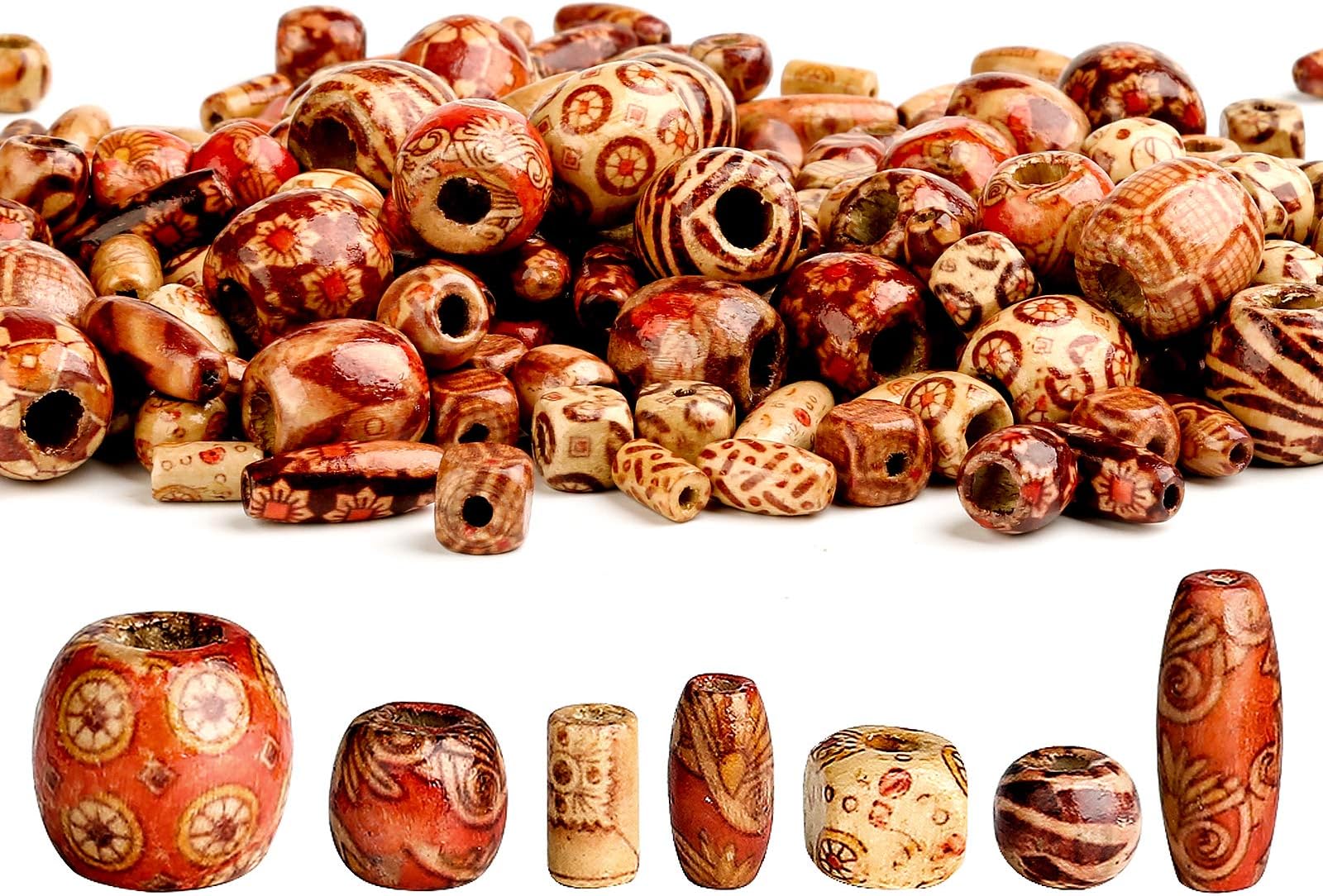 300 Pieces Printed Wooden Macrame Large Hole Beads Various Shapes Loose Wooden Beads for Crafting Jewellery Making DIY Bracelet