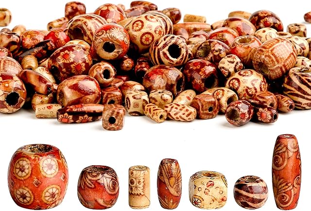 300 Pieces Printed Wooden Beads Macrame Large Hole Beads Various Shapes Loose Wooden Beads for Crafting Jewellery Making DIY Bracelet
