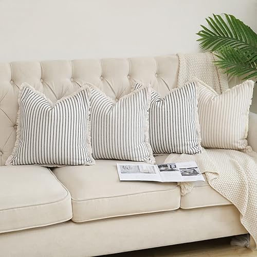 Miniatura 6 de Hckot Juego de 2 fundas de almohada de 16 x 16 pulgadas, a rayas con flecos, de algodón, decorativas, cuadradas, para sofá, cama, sala de estar,