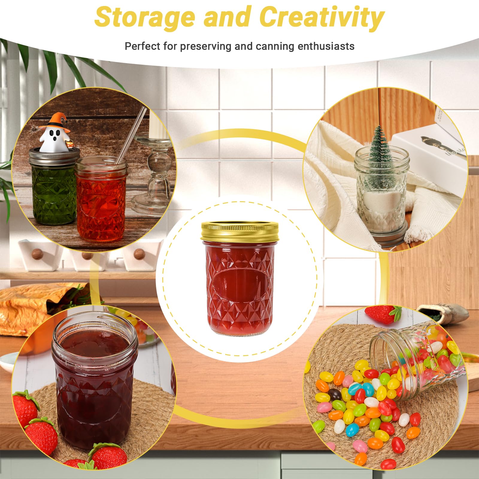 Einmachgläser aus Glas, 237 ml, normale Öffnung, mit silbernen und goldenen Aluminiumdeckeln und Bändern, luftdichte Marmeladengläser für Lebensmittelaufbewahrung, Einlegen, Gären, Honig,