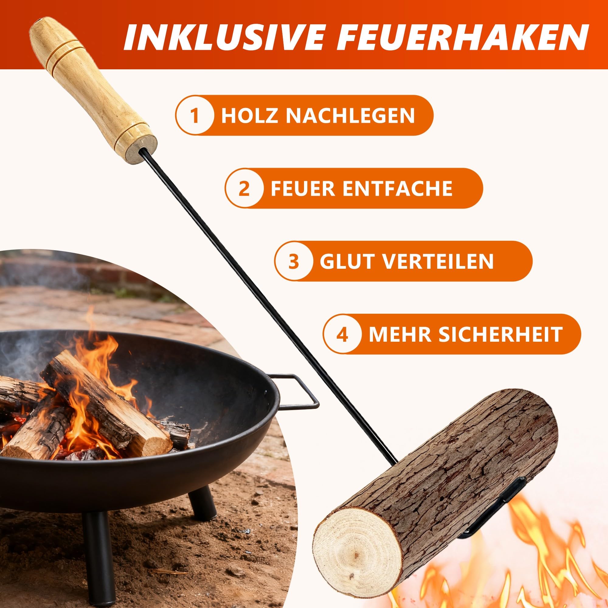 Feuerschale Feuerschalen für den Garten - Feuerstelle Ø 58 cm mit 43 cm Schürhaken - Feuerkorb mit 2 Tragegriffen für Lagerfeuer Garten & Terrasse - 2 Jahre Garantie (Ø 58 cm)