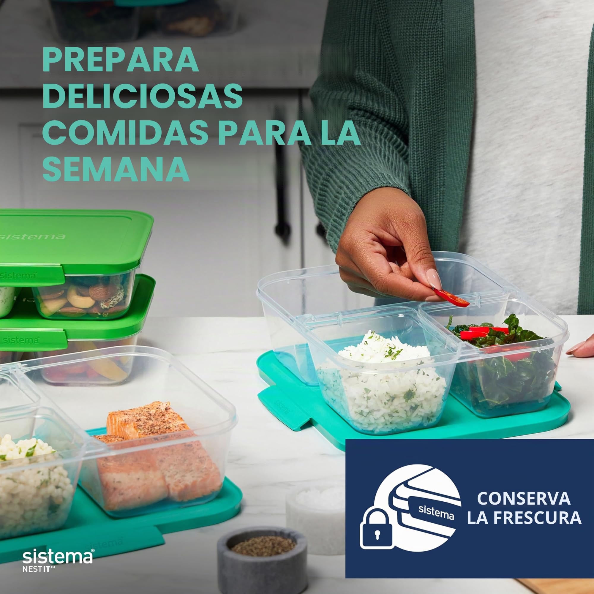 Sistema NEST IT recipientes para guardar comidas preparadas | 1,9 l | Recipientes herméticos para guardar alimentos con compartimentos y tapa | Sin plástico BPA | Verde | 5 unidades