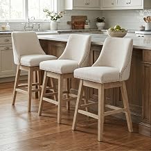chairus Cream Counter Height Swivel Bar Stool Chairs Set of 3 Mid-Century Modern 27 inch Barstools with Wood Legs Comfy Linen Fabric Upholstered Bar Chairs for Home Bar/Restaurant/Kitchen Island