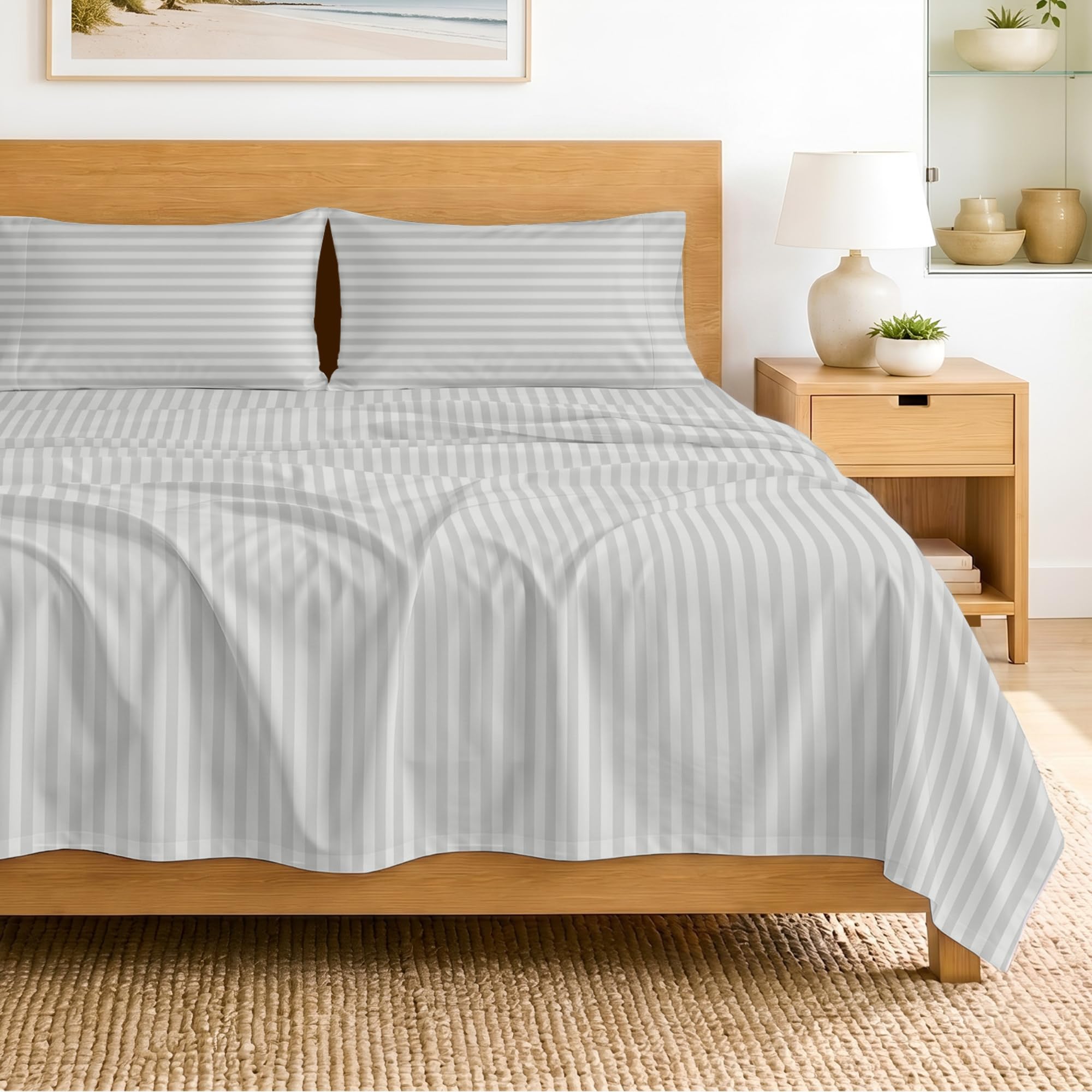 SGI bedding RV Queen Sheet Set 60x75, 600 TC Egyptian Cotton, 4 Piece Luxury Hotel Collection, Ultra Soft &amp; Breathable, Fits RV Mattress Camper &amp; Trailer, 15 Inch Pocket, Light Grey Stripe