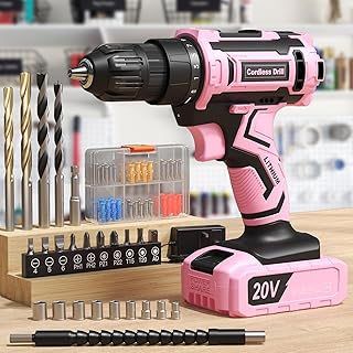 Visseuse Devisseuse Sans Fil 20V, Perceuse Visseuse Sans Fil avec 85 Accessoires, Perceuse-visseuse 42 N.m Max, Batterie 2000 mAh, 25+1 Couple, Mandrin 10 mm, Eclairage LED, Rose