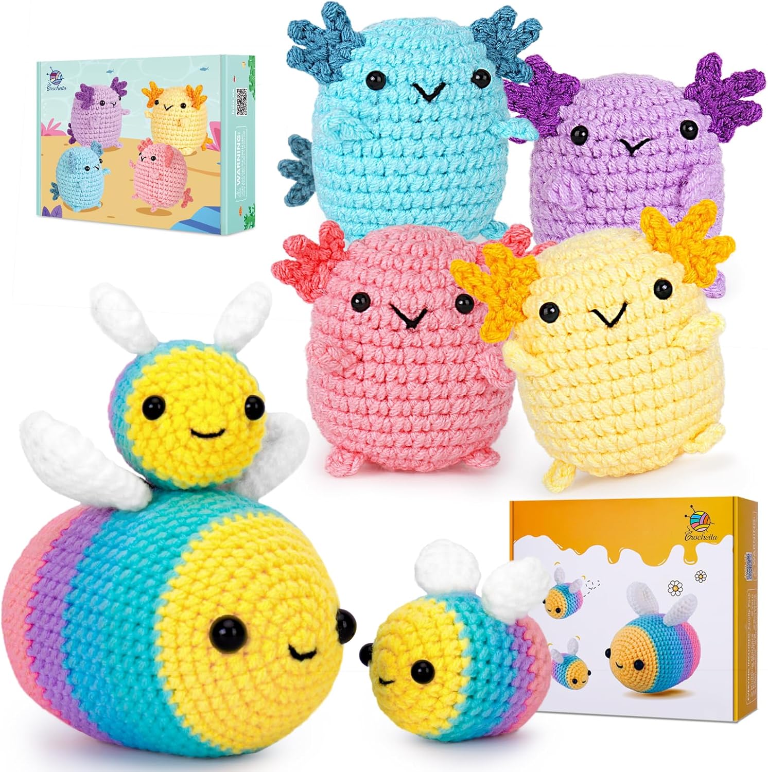 Crochet Kit for Beginners, Crochet Starter Kit w Step-by-Step Video Tutorials, Beginner Crochet Kit for Adults Kids Women Men Complete Kit Included (3 Bees Kit and 4 Mini Axolotls Kit)