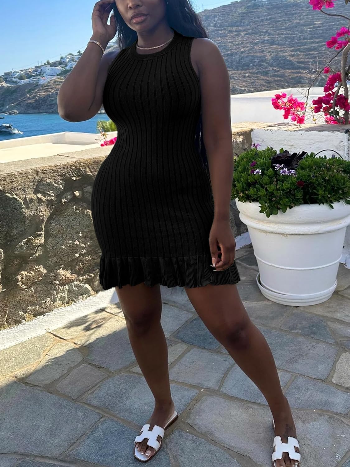 Nimsruc Women Summer Tank Dresses Sleeveless Crew Neck Casual Bodycon Mini Dress with Ruffle Hem - Image 5