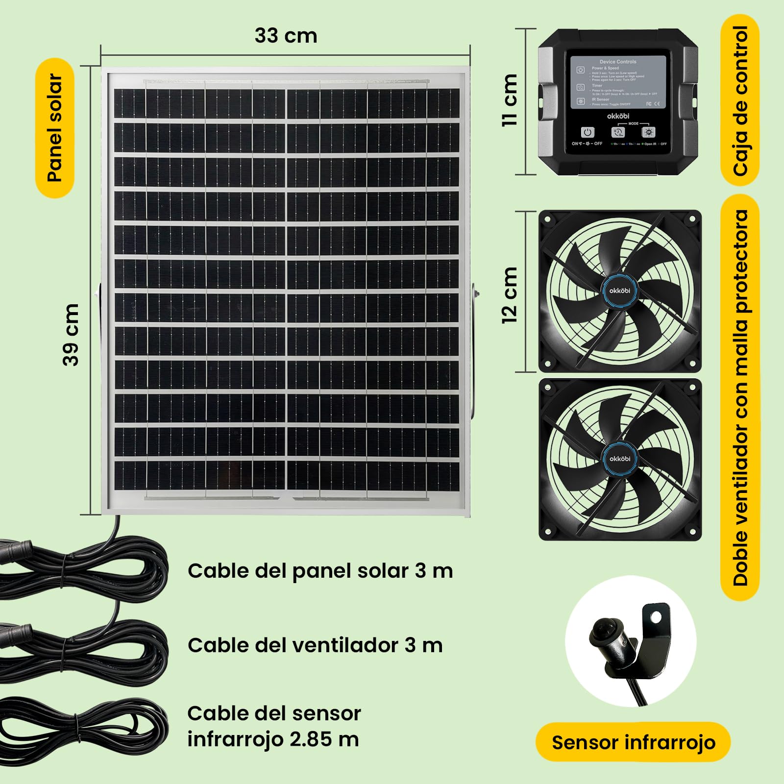 Ventilador Solar para Gallinero e Invernadero, Doble Ventilación Solar con Batería, Entrada o Extracción de Aire, Caja de Control con 3 Modos