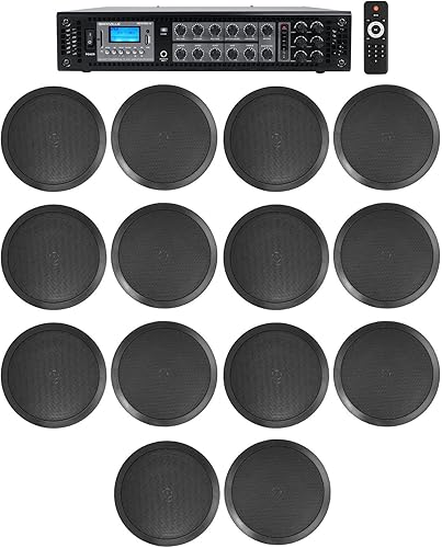 Rockville Amplificador de 6 zonas+(14) altavoces de techo negros de 2 vías de 8 "para restaurante
