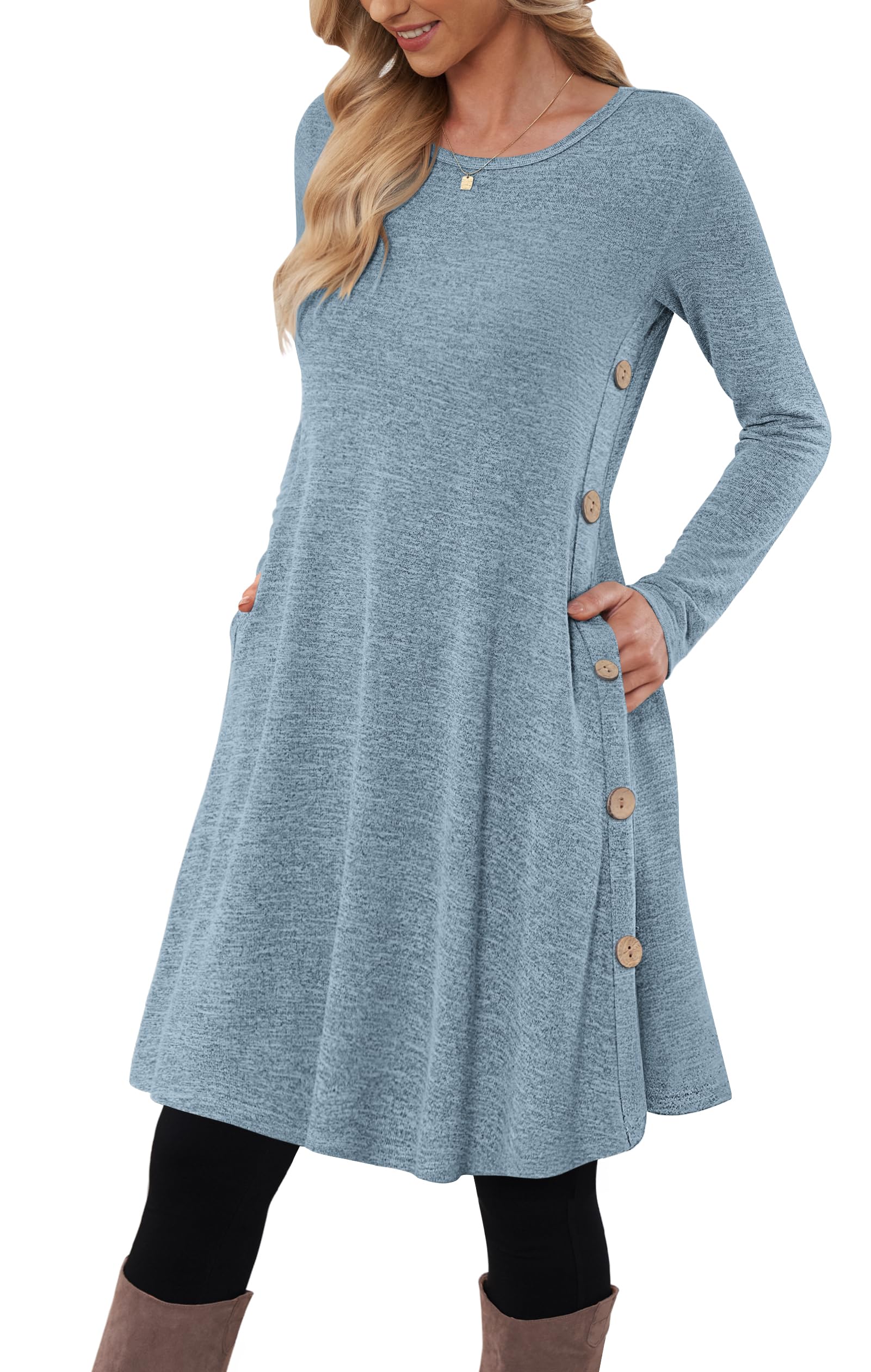 MOLERANI Jumper Dress for Women Long Sleeve Dress Ladies Button Casual Tunic Dress with Pockets Light Blue Size 24 XXL