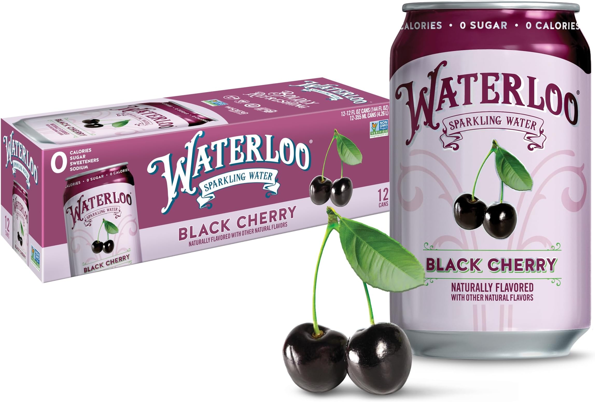 Waterloo Sparkling Water, Black Cherry Naturally Flavored, 12 Fl Oz Cans (Pack of 12) – Zero Calories and Zero Sugar or Sweeteners