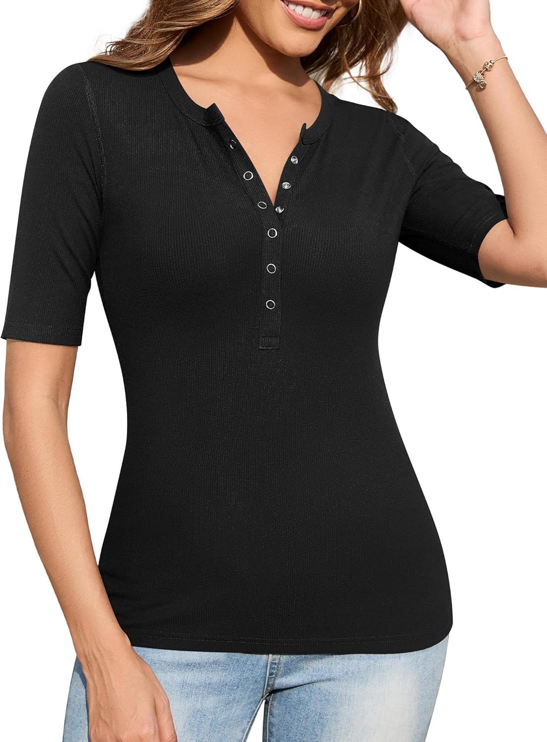 Amoretu Women's Henley Half Sleeve Tops Button Down Fitted Shirts - Image 3