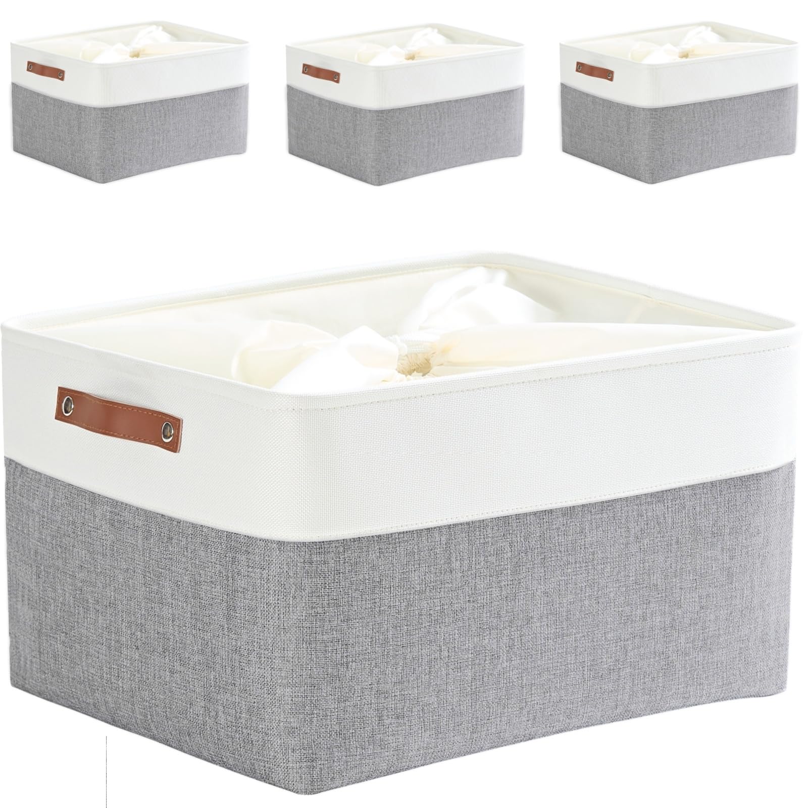 Mangata - Cajas de almacenamiento jumbo de tela, [paquete de 4] cesta de almacenamiento plegable acolchada con asas para estanterías de ropa (XXL, gris/blanco)