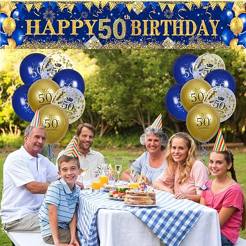 Miniatura 6 de Decoraciones de cumpleaños número 50 para hombres y mujeres, pancarta azul y dorada para patio con 18 globos para suministros de fiesta de